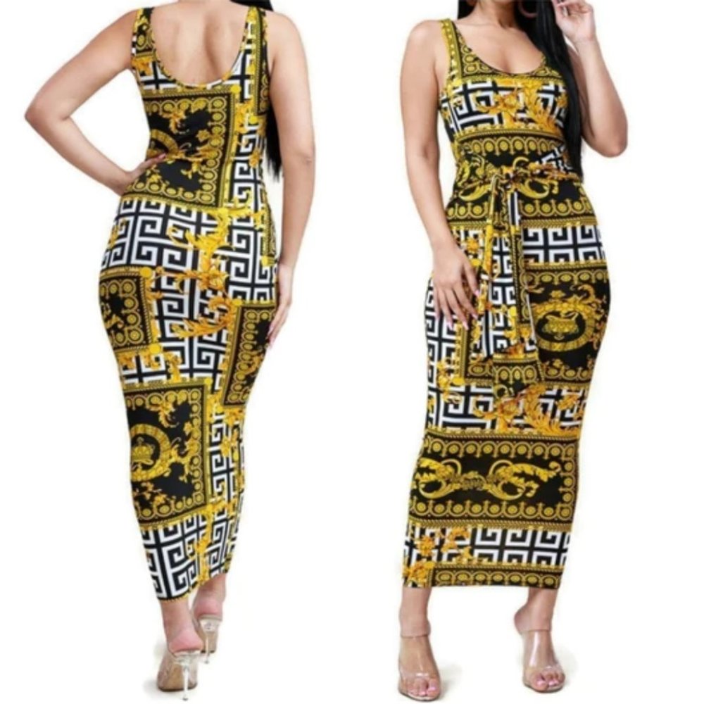 Carlotta Gold Black Medallion Tie Waist Sleeveless Bodycon Midi Dress